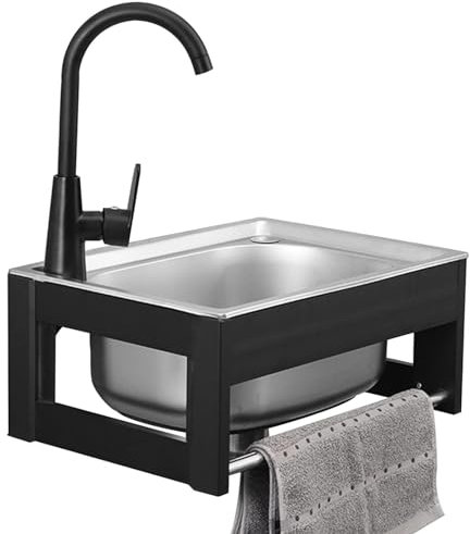 Freestanding Sink 304 Stainless Steel Sink Washing, Wall Mounted Sink Kitchen Sinks, Bar Sinks with Faucet and Pipe, Single Bowl Hand Wash Basin, for Laundry Utility Room Garage Basement (38×32cm)