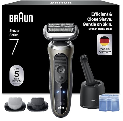 Braun Series 7 Rasierer Herren Elektrisch, Elektrorasierer, 60 Min. Akku, 4in1 SmartCare Center, +2 Aufsätze, Kabelloser Nass- & Trockenrasierer Männer, Wasserdicht, Made in Germany, 72-C7650cc, Gold