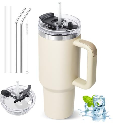 ZAKVOP Borraccia Termica con Cannuccia, 1200ml Tazza con Coperchio Multifunzione e Maniglia, Mug Tumbler Cup da Viaggio (Bianco Crema)