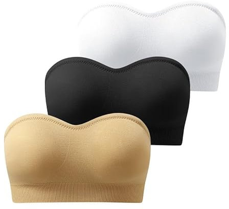 Cavotor Strapless Push Up Bra for Women Bandeau Bra Padded Stay Up Non-Slip Silicone Supportive Strapless Bras for Bigger Bust Non Wired Comfort Bralette (Black+Beige+White,M)