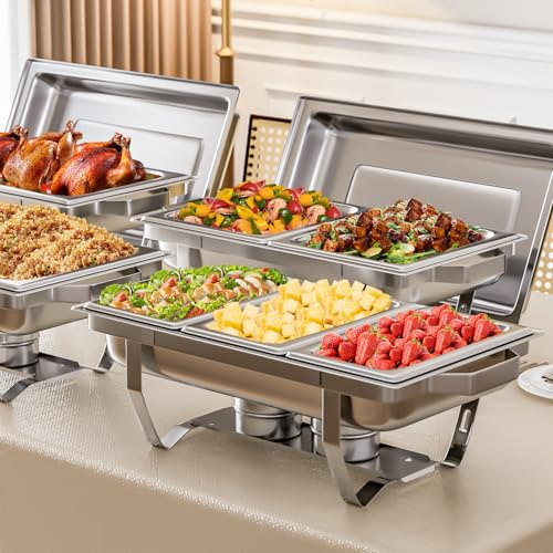 IMACONE 4 Pack Chafing Dish Buffet Set 9QT Stainless Steel Chafers and Buffet Warmers 7 Pans Chafer with Full, 1/2,1/3 Food & Water Pan, Lid, Foldable Frame Roll Edge for Event Party Holiday Roll Edge