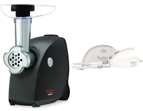 Moulinex Hachoir à viande HV4 Successor, 2 000 W, Hachage parfait jusqu'à 2,3 kg/min, Fabriqué en France ME472832 et Moulinex Couteau électrique Secanto blanc, 100 W, Lames à découper, DJAC41