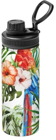 Toucans Bouteille d'eau en acier inoxydable avec imprimé feuilles de palmier perroquet 532 ml Bouilloire de sport isotherme pour cyclisme, gym, extérieur pour homme et femme