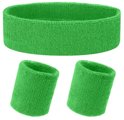 Yolev Set di 3 fasce per il sudore, fascia sportiva e polsini, set di 1 fascia e 2 polsi, per uomini e donne atletiche, nero e verde fluo, taglia unica (verde chiaro)