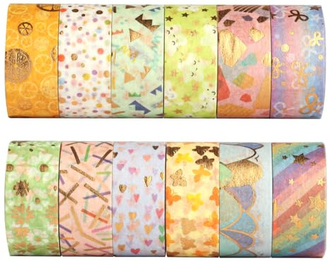 Set di 12 Rotoli di Washi Tape Adesivi, 15 mm x 3 m Nastro Adesivo Colorato Nastro Adesivo Decorativo, Nastri Adesivi Colorati per Lavori Fai Da Te, Creazione di Biglietti, Regalo, Scrapbooking