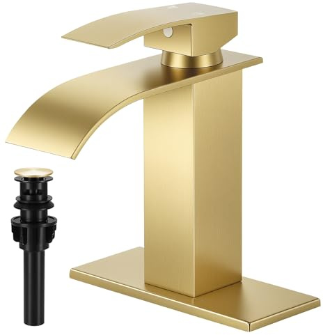 FDKW Brushed Gold Bathroom Faucets, Waterfall Bathroom Sink Faucet Single Handle Bathroom Faucet for 1 or 3 Hole, Mixer Tap Vanity Faucet with Deck Plate, Pop-up Drain and Supply Hoses