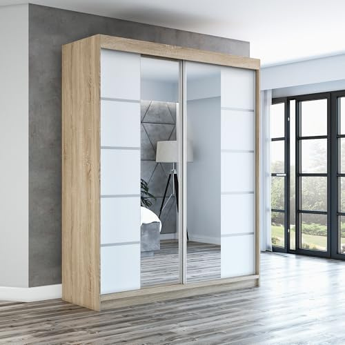 A&J MöbelLand Schwebetürenschrank ERA Kleiderschrank 2-türig mit Spiegel, Garderobe 160 cm (Sonoma/Weiß/Weiß)