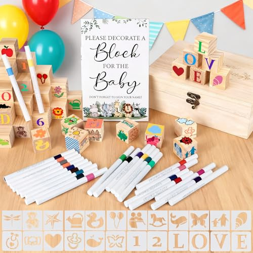 128 Stück Babyparty Spiele Set，Bauklötze Bemalen Babyparty Deko Mit 48 Würfeln, 24 Stiften, 54 Schablonen & Holzbox für Gender Reveal, Babyparty Junge und Mädchen