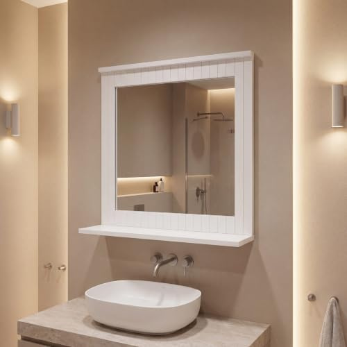 INDE MOBLEKIT | Espejo de Pared para Lavabo con Marco de Madera Blanco y Repisa Inferior, 50x13x53 cm, Espejo Baño Estilo Nórdico Acabado Mate, Decoración y Almacenaje para Aseo o Entrada