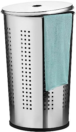 Ribelli Wäschebox Wäschekorb 50 Liter Wäschetonne H58cm, Edelstahl Tonne mit Deckel und Luftlöchern, auch als Wäschesammler oder Wäschesortierer geeignet, 35x35x58 cm silber