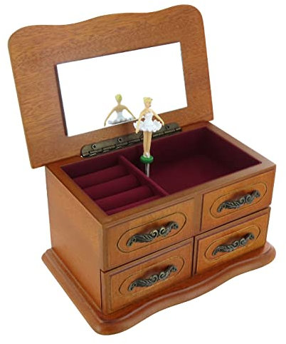 Caja de música para joyas / joyero musical de madera con bailarina giratoria, espejo, cajones y mecanismo musical de resorte de 18 notas - El vals de Amélie Poulain - Amélie (Yann Tiersen)