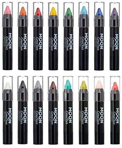 Moon Creations Gesichtsfarbesstift-Körperkreide, 3,2 g, schweißfeste und wasserbeständige Gesichtsfarbe, tierversuchsfrei, für Kostüme, Feste, Halloween für Kinder, Erwachsene (16er-Set)