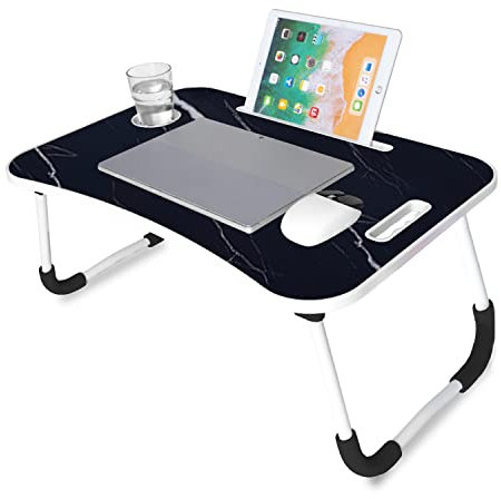unycos - Bandeja para Cama, Mesa Plegable de Desayuno, Ideal para Portátil, Ordenador y Libros, Ergonómica, Mesa Auxiliar con Atril para Leer en la Cama 60x40x26 cm (Mármol sin Cajón)