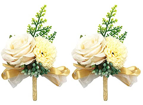 2 Stück Boutonniere Hochzeit, Rose Boutonniere, Seide Blumen Boutonniere, Benutzt für Die Braut, der Bräutigam, das Blumenmädchen und die Anwesenden Gäste(Champagnerfarbe)