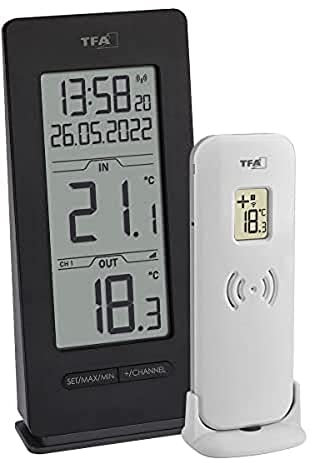 TFA Dostmann Funk Thermometer Innen/Außen, 30.3072.01.90, inkl Funkuhr und Datum, Max.-Min. Funktion, kabellos, Amazon Exklusiv, schwarz