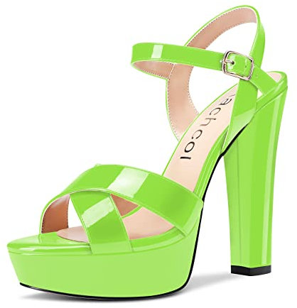 Aachcol Donna Piattaforma Cinturino alla Caviglia Sandali Aperte sulla Punta Chunky Blocco Alto High Tacco Heel Slingback da Matrimonio Feste Scarpe 13 CM Verde Lime Verniciata 42 EU