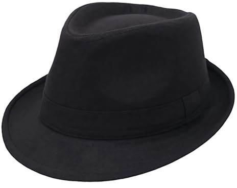 Black Mens Manhattan Structured Gangster Trilby Fedora Hat Jazz Cap Floppy Panama Hat Gentlemans Flat Hat(L)