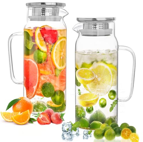 Set of 2 Glass Pitcher with Lid,2 Quart (64 oz / 1.9 Liter) Leak Proof,Glass Water Jugs, BPA-Free,Microwave & Dishwasher Safe Pitcher,Sun & Iced Tea, Sangria,Cold Brew Coffee & More