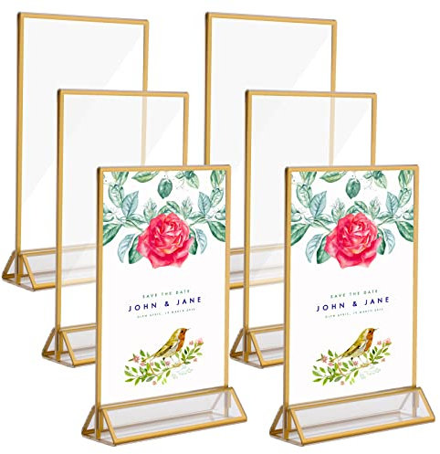 6 Stück Tischaufsteller,Doppelseitige Thekenaufsteller,17x10CM Gold Bilderrahmen,Acryl Aufsteller T-Ständer Werbeaufsteller für Hochzeit Tischnummern, Speisekartenhalter, Fotorahmen