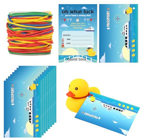 50 Pzs Kits de Cruise Tags de Pato, 8,9x6,1cm Etiquetas de Patos de Goma de Crucero con Agujeros Divertido Tarjetas de Patos de Crucero con 50 Bandas de Goma para Niños Fiesta Juegos de Patos
