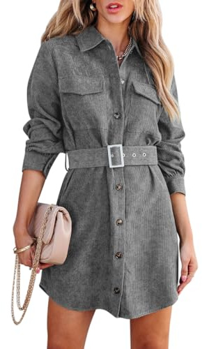 ORANDESIGNE Vestito Camicia Donna Elegante Corto Invernale Velluto a Coste Mini Abito Cerimonia Curvy Camicetta Aperta Davanti con Bottoni Costine Giacca Vestitino con Cinture a Grigio S