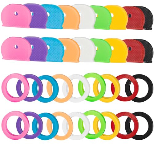 GoorDik 20 Pack Key Color Caps Covers Tags, Soft Rubber Key Identifiers, Plastic Key Toppers for Standard Flat Organization House Key (Not Suitable for Odd-Shaped Keys), 10 Colors, 2 Styles