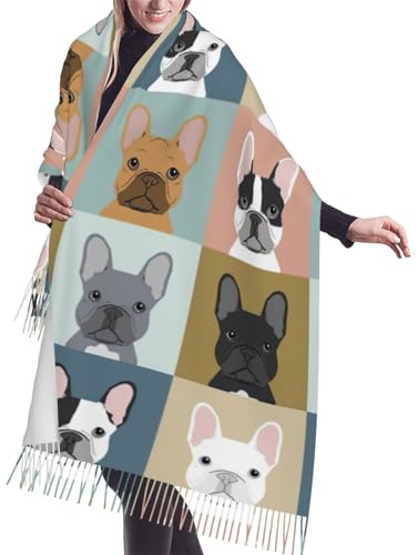 WURTON Bufanda cálida de invierno con estampado de bulldog francés para mujer, bufanda con flecos, accesorio de regalo, FRENCH BULLDOG, talla única