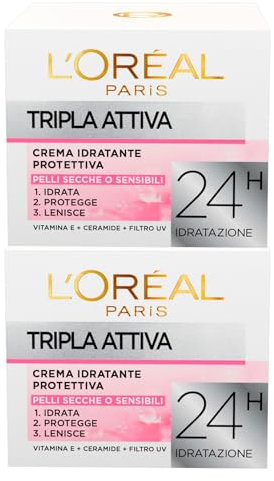 L'Oréal Paris Tripla Attiva Crema Idratante Viso Protettiva per Pelli Secche o Sensibili Formula 24H Lenitiva con Vitamina E Ceramide Filtro UV Contro Stress e Inquinamento - 2 Barattoli da 50ml
