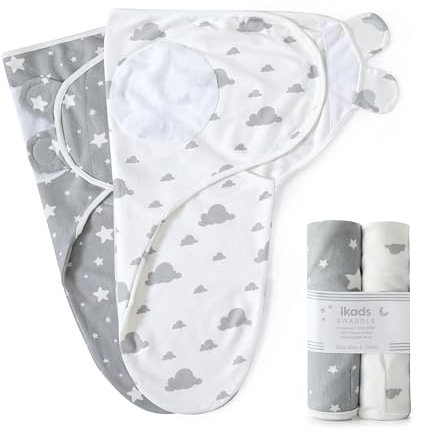 ikads Baby Wickeldecke 0-3 Monate - 100% atmungsaktiver Bio-Baumwollstoff - Baby Swaddle Wrap für Neugeborene - 2 Stück Baby Pucktücher für Neugeborene mit Haken & Schlaufe (Grau)