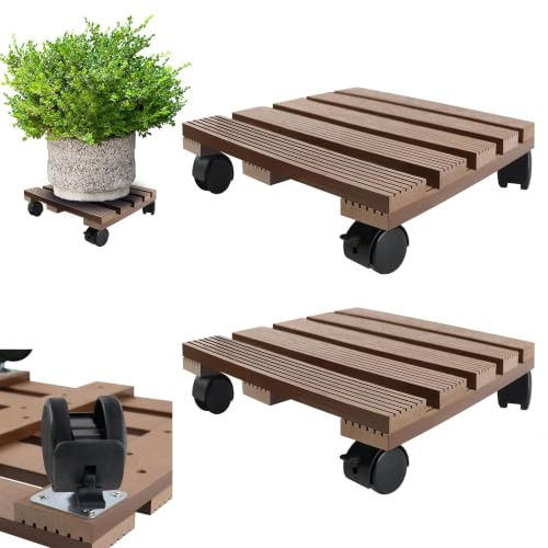 MAYTIIMO Lot de 2 rouleaux carrés WPC pour plantes - 30 x 30 cm - Charge maximale : 100 kg - Soucoupe - Planche à roulettes - Pour l'extérieur et l'intérieur - Marron