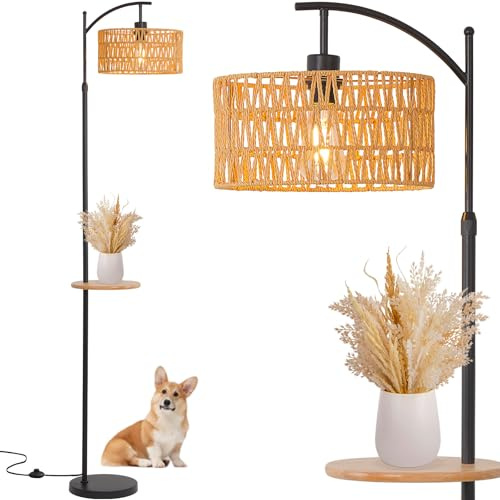 Feohak Boho Floor Lamp, Rattan Floor Lamp with Shelf, Bohemian Bamboo Wicker Coastal Rustic Farmhouse Woven Tropical Wood Tall Standing Lamp with Table for Living Room Bedroom