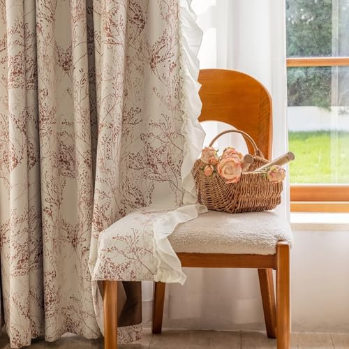 Bishilin Vorhänge Blickdicht mit Ösen 2 Set 107x115CM, Verdunklungsvorhänge Bedruckt Blumen Motiv mit Rüschen, Rot Gardinen Verdunkelnd Wohnzimmer Jugendzimmer Schlafzimmer
