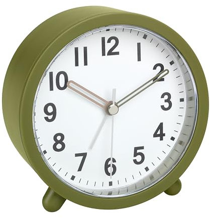 TFA Dostmann analog väckarklocka batteridriven, 60.1043.04, inklusive kvartsur, tickar inte, för sovrum/vardagsrum/kök, med snooze-funktion, inklusive bakgrundsbelysning, olivgrön