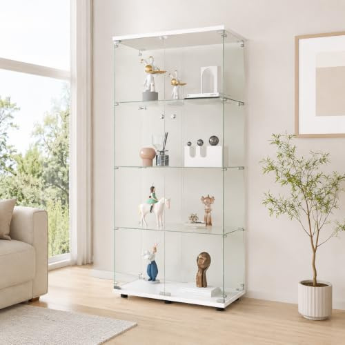 BLSYHDH Vetrina in vetro 164 cm, armadio vetrina per collezione con 2 ante 4 ripiani trasparente mobile vetrina vetro vetrina statuetta armadio vetrina soggiorno bar (4 piani 2 porta, bianco)