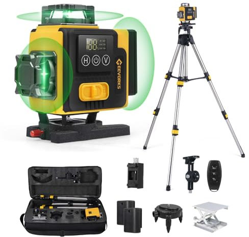 Geevorks Laser Level with Tripod Self Leveling,4D Laser Level 360 Green 16 Lines 3°, Multifunctional LCD Display,Waterproof IP54, with 2x2400mAh Batteries,Remote