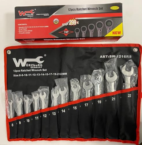 Wurzburg Germany Jeu de clés mixtes avec cliquet 12 pièces, 8-22 mm, noir et rouge