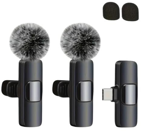 RJP 2.4G Mini Wireless Lavalier Microphone with Windscreen - Noise Cancelling Clip-on Mic for YouTube, Podcasting, Video Recording, USB-C, Rechargeable, Ideal Wireless Microphone for iPhone & PC