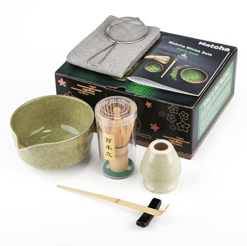 Matcha Set de 7 piezas Premium MatchaTea Set con cuenco Matcha, escoba de bambú y cuchara de matcha, cuchara de filtro, soporte para batidor de matcha, juego de té matcha japonés, verde moteado