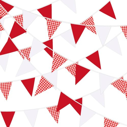 MARFOREVER 8,5 m Wimpelkette Rot Weiß Kariert, 30 Stück Dreieck Flagge Gingham Wimpel Banner Stoff Girland für Hochzeit Geburtstag Weihnachten Valentinstag Karneval Picknick Outdoor Home Party Dekorat