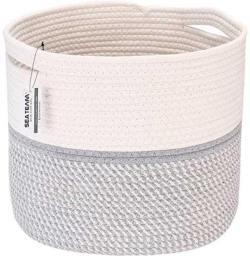 Sea Team Cesta grande de almacenamiento tejida de doble tono con asas para ropa, juguetes, toallas, 38 x 38 x 33 cm, elegante cesta de decoración del hogar, color gris jaspeado