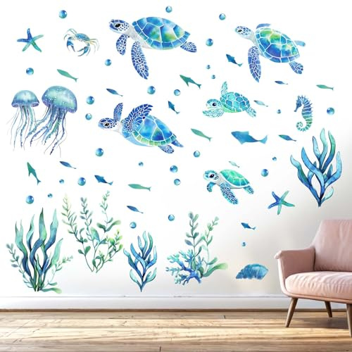 Sea Turtle Wall Stickers for Kids: Peel and Stick Under The Sea Marine Fish Ocean Wall Decals for Baby Nursery Bedroom Toddler Room - Children Supplies Ages 1-12 Year Wall Decor