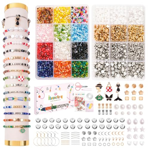 JHWELRG Selber Machen Perlen für Armbänder,DIY Mini Perlen Zum Auffädeln Set mit Buchstabenperlen und Schwarzer Anhänger Schmuckherstellung Kit,Geschenkeidee für Weihnachten,Geburtstag,partys