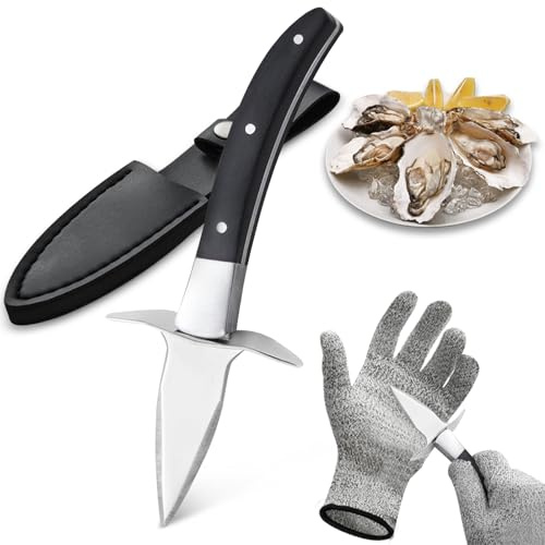 BEWOS Couteau à huîtres avec Gant Résistant aux Coupures et Étui – Lame en Acier Inoxydable de Qualité Supérieure, Convient à Tous les Crustacés