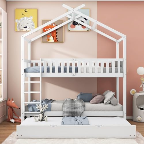 Letto a Castello 90x200, Letto a Soppalco per 3 Bambini, Letto a Casetta Con Tetto Estraibile E Scaletta, Letto a Soppalco per Bambini Con Protezione Anticaduta E Rete a Doghe