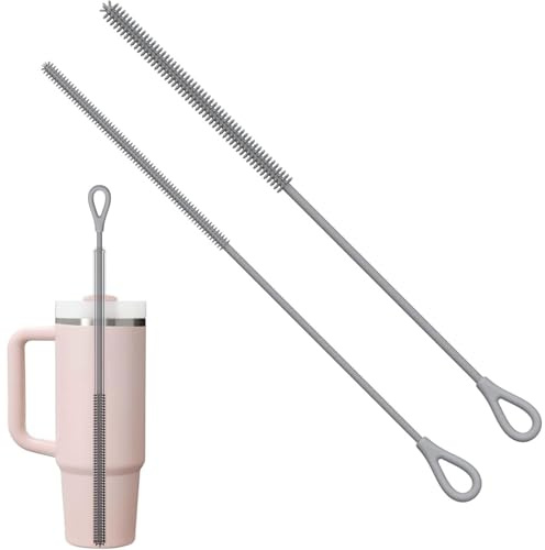 Silicone Straw Cleaning Brush Bendable, Long Drinking Bottle Straw Cleaner, Reusable Non-Slip Handle Soft and Bendable Steel Core, Pipe Washing Tool with Hanging Ring for Smoothie, 9mm, 6mm (Grey)