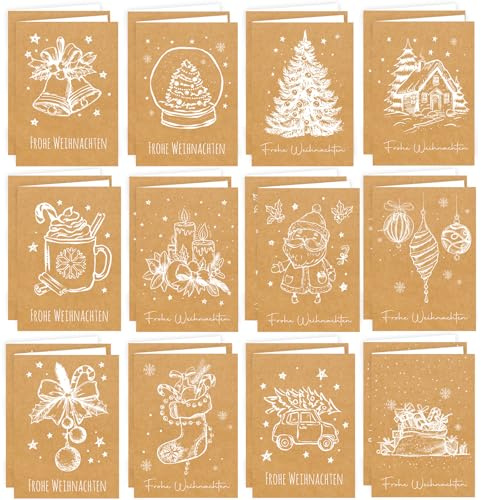24er Weihnachtskarten mit Umschlag Set, Klappkarten Weihnachtskarte mit 12 Motive, Elegante Christmas Cards für die schönsten Weihnachtsgrüße im Kraftpapier-Look