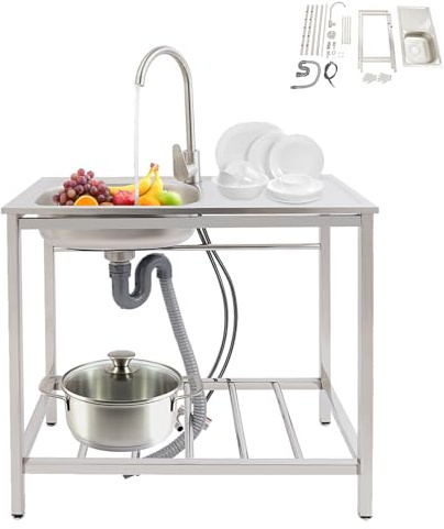 ROGONPDK Lavandino da cucina in acciaio inox, per esterni, con rubinetto, lavello, lavello, lavandino indipendente, lavello da cucina, per uso in abitazioni private e ristoranti