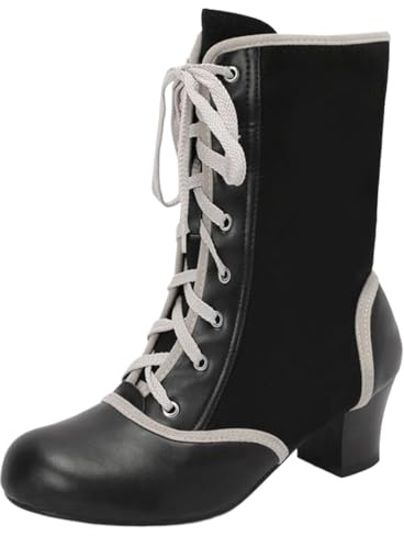 Mo Joc Botines para mujer con cordones, tacón de bloque de 5,5 cm y altura de caña de 20 cm, tapa redonda y ajuste transformable, piel sintética y ante, forro de azulejo cálido, Negro , 45 EU