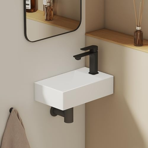 EMKE Lavabo Pequeño Rectangular 38,0 × 22,0 × 10,0 cm – Cerámica con Agujero para Grifo, Sin Rebosadero, Lavabo Compacto Ideal para Baño y Aseo de Invitados, Blanco Brillante