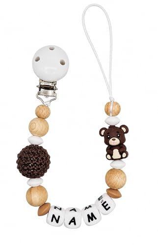 Individuell gestaltetes Babygeschenk personalisiertes Schnullerkette mit Namen für Mädchen oder Junge Baby Geschenk personalisiert zur Geburt & Taufe (Bär) (schoko)